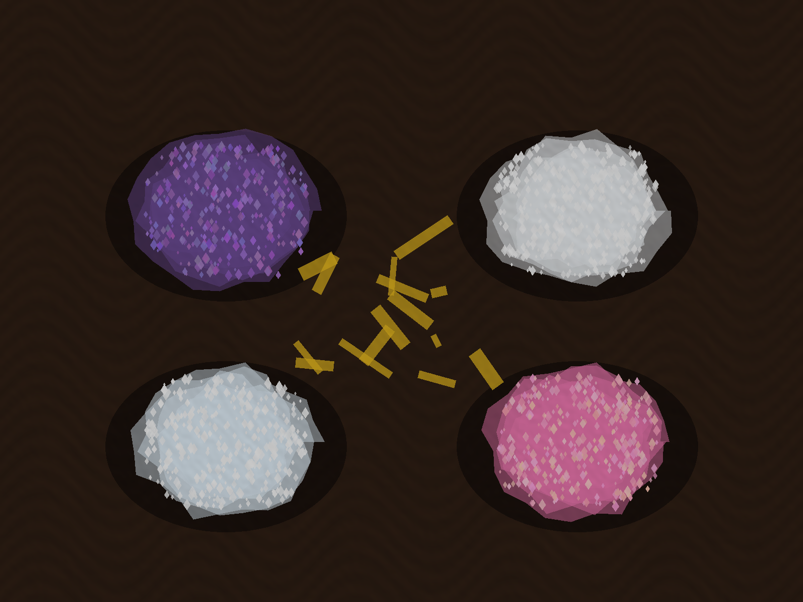 Crushed Amethyst, Selenite Moon Dust, Clear Quartz, and Rose Quartz Pigments on Dark Walnut Palette